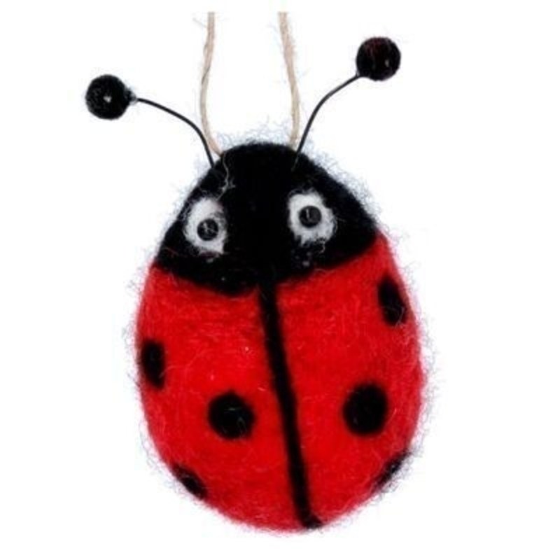 Mixed wool red and black ladybird hanging decoration. The perfect addition to your home for Easter and Spring. By Gisela Graham.